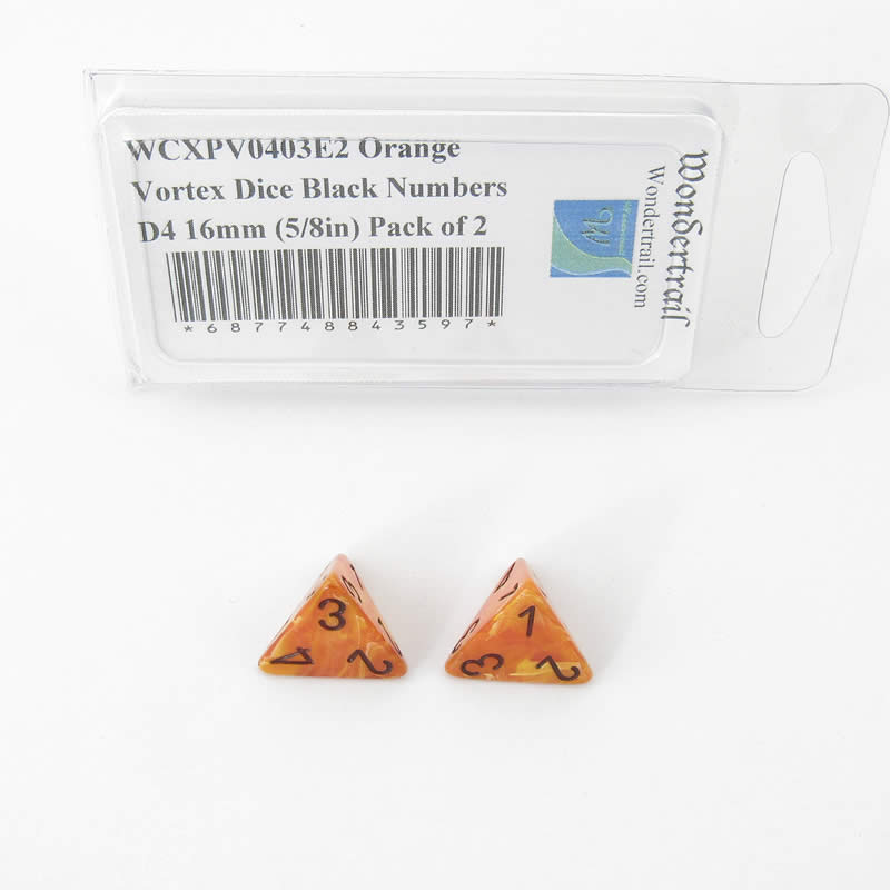 WCXPV0403E2 Orange Vortex Dice Black Numbers D4 16mm (5/8in) Pack of 2 (ONLINE ORDER ONLY)