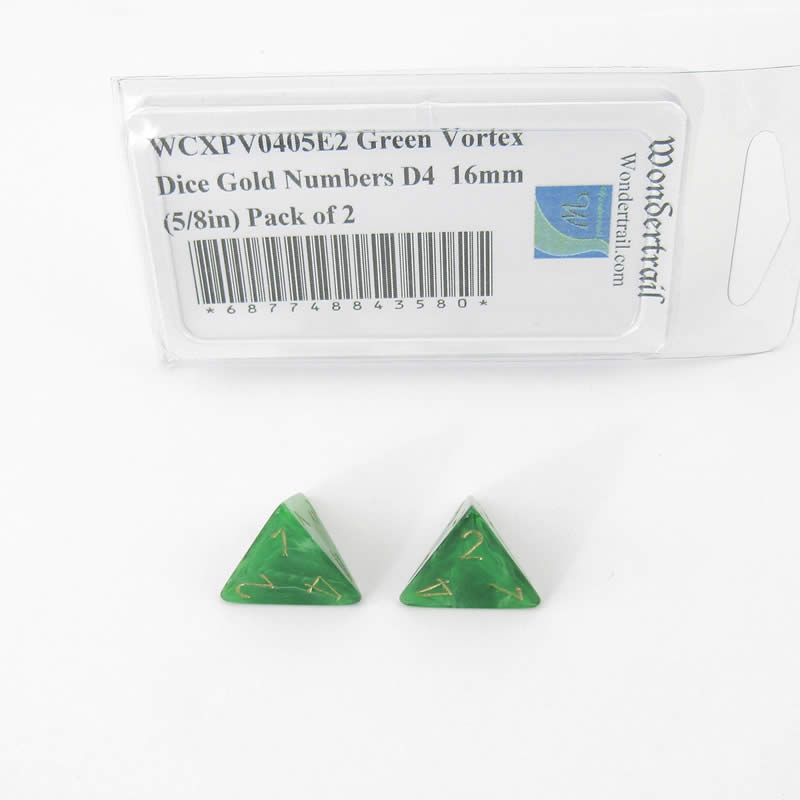 WCXPV0405E2 Green Vortex Dice Gold Numbers D4  16mm (5/8in) Pack of 2 (ONLINE ORDER ONLY)