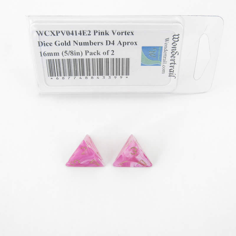 WCXPV0414E2 Pink Vortex Dice Gold Numbers D4 Aprox 16mm (5/8in) Pack of 2 (ONLINE ORDER ONLY)
