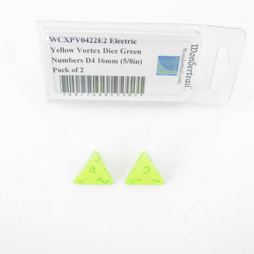 WCXPV0422E2 Electric Yellow Vortex Dice Green Numbers D4 16mm (5/8in) Pack of 2 (ONLINE ORDER ONLY)