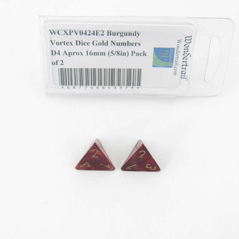 WCXPV0424E2 Burgundy Vortex Dice Gold Numbers D4 Aprox 16mm (5/8in) Pack of 2 (ONLINE ORDER ONLY)