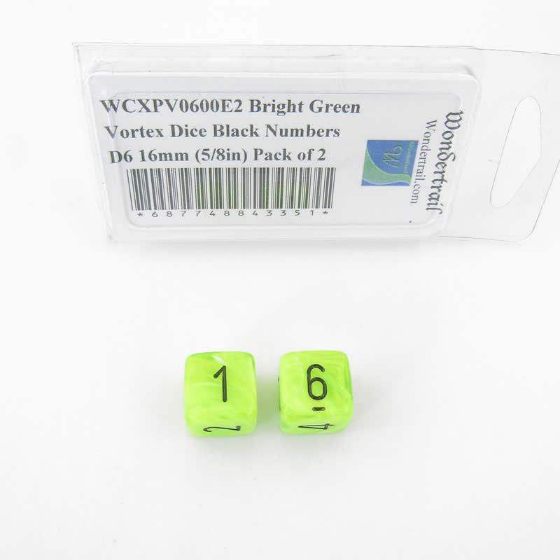 WCXPV0600E2 Bright Green Vortex Dice Black Numbers D6 16mm (5/8in) Pack of 2 (ONLINE ORDER ONLY)