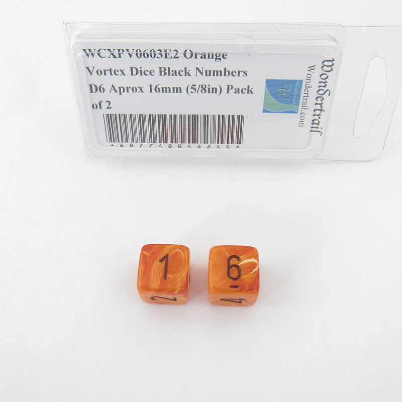 WCXPV0603E2 Orange Vortex Dice Black Numbers D6 Aprox 16mm (5/8in) Pack of 2 (ONLINE ORDER ONLY)