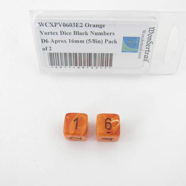 WCXPV0603E2 Orange Vortex Dice Black Numbers D6 Aprox 16mm (5/8in) Pack of 2 (ONLINE ORDER ONLY)