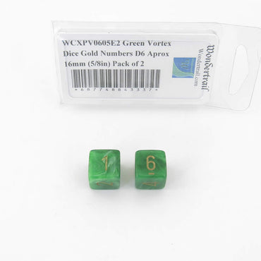 WCXPV0605E2 Green Vortex Dice Gold Numbers D6 Aprox 16mm (5/8in) Pack of 2 (ONLINE ORDER ONLY)