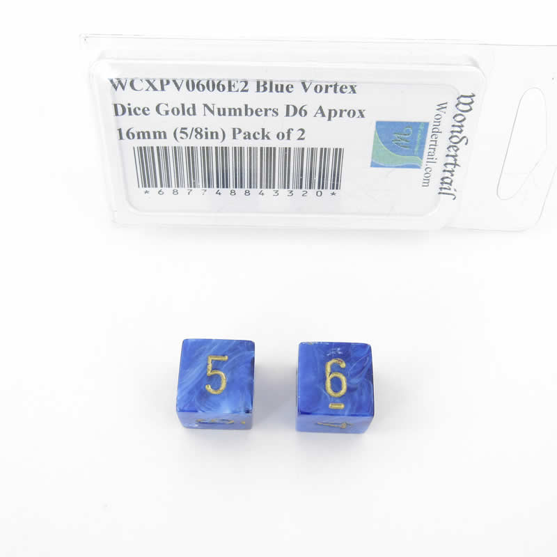 WCXPV0606E2 Blue Vortex Dice Gold Numbers D6 Aprox 16mm (5/8in) Pack of 2 (ONLINE ORDER ONLY)