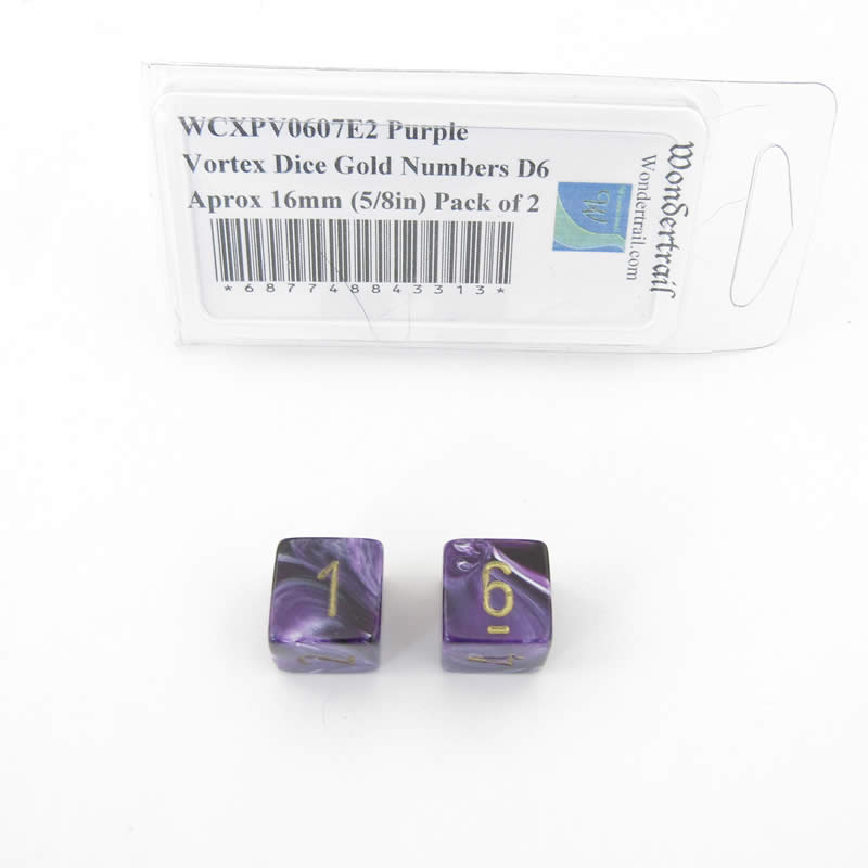WCXPV0607E2 Purple Vortex Dice Gold Numbers D6 Aprox 16mm (5/8in) Pack of 2 (ONLINE ORDER ONLY)