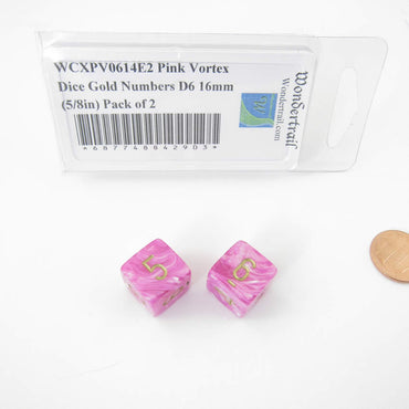 WCXPV0614E2 Pink Vortex Dice Gold Numbers D6 16mm (5/8in) Pack of 2 (ONLINE ORDER ONLY)