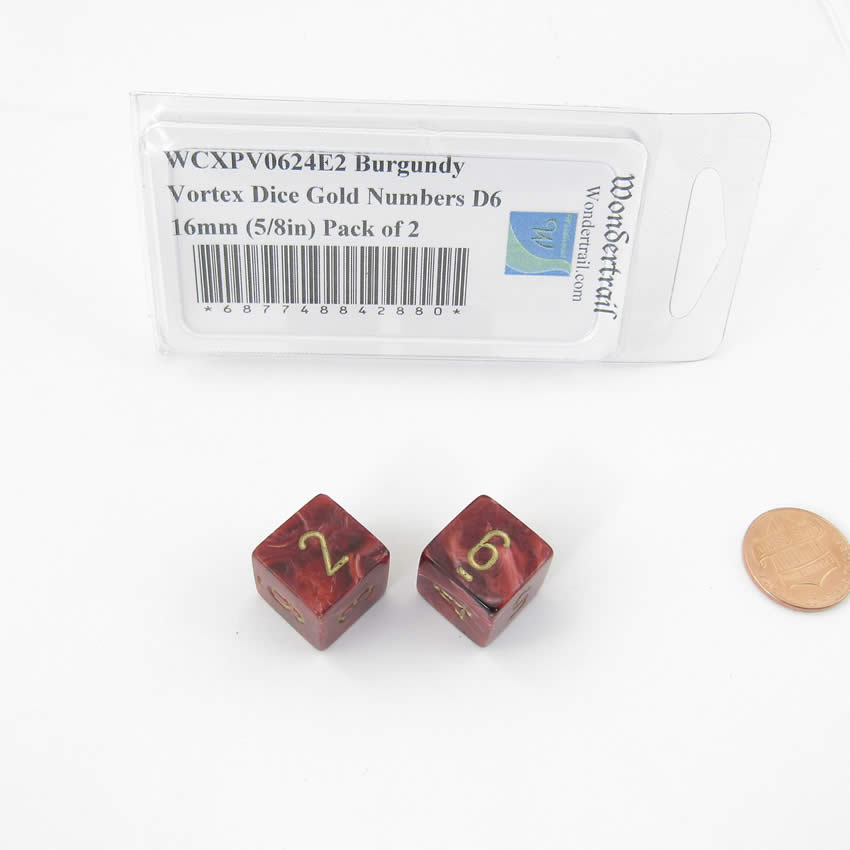 WCXPV0624E2 Burgundy Vortex Dice Gold Numbers D6 16mm (5/8in) Pack of 2 (ONLINE ORDER ONLY)