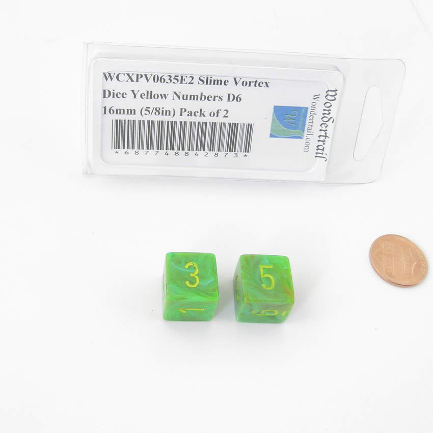 WCXPV0635E2 Slime Vortex Dice Yellow Numbers D6 16mm (5/8in) Pack of 2 (ONLINE ORDER ONLY)