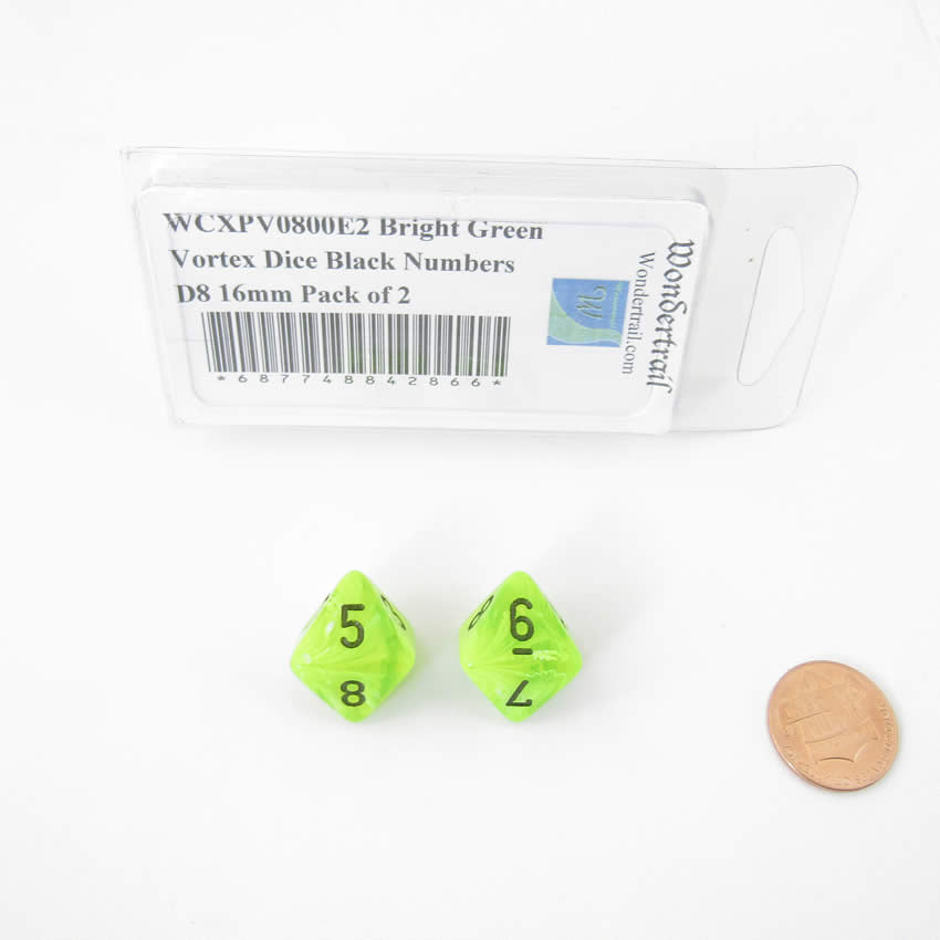 WCXPV0800E2 Bright Green Vortex Dice Black Numbers D8 16mm Pack of 2 (ONLINE ORDER ONLY)