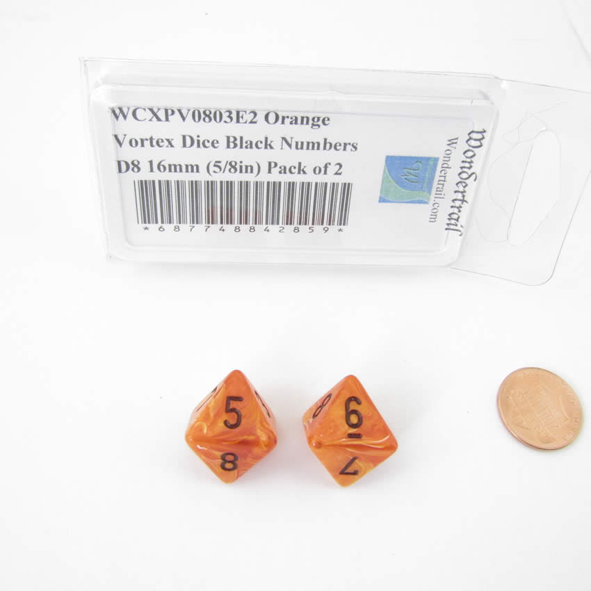 WCXPV0803E2 Orange Vortex Dice Black Numbers D8 16mm (5/8in) Pack of 2 (ONLINE ORDER ONLY)
