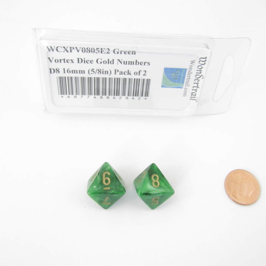 WCXPV0805E2 Green Vortex Dice Gold Numbers D8 16mm (5/8in) Pack of 2 (ONLINE ORDER ONLY)