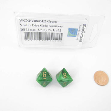 WCXPV0805E2 Green Vortex Dice Gold Numbers D8 16mm (5/8in) Pack of 2 (ONLINE ORDER ONLY)