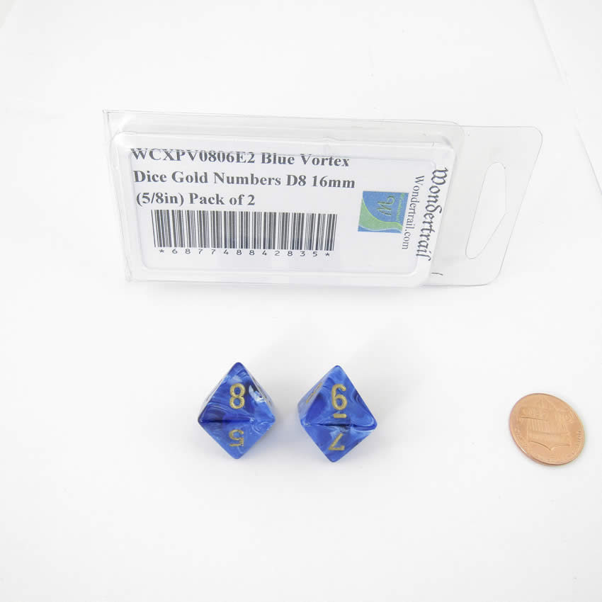 WCXPV0806E2 Blue Vortex Dice Gold Numbers D8 16mm (5/8in) Pack of 2 (ONLINE ORDER ONLY)