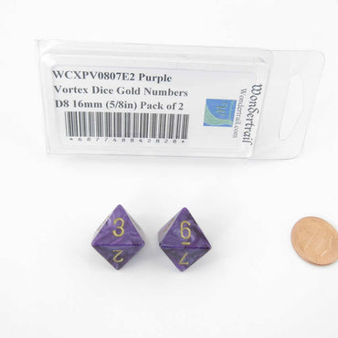 WCXPV0807E2 Purple Vortex Dice Gold Numbers D8 16mm (5/8in) Pack of 2 (ONLINE ORDER ONLY)