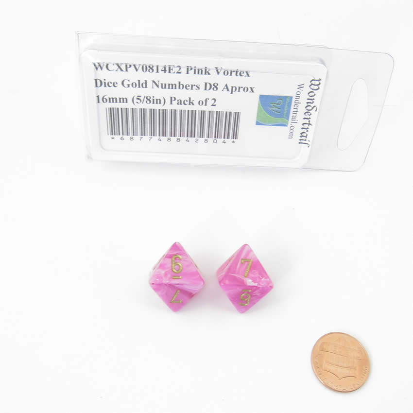 WCXPV0814E2 Pink Vortex Dice Gold Numbers D8 Aprox 16mm (5/8in) Pack of 2 (ONLINE ORDER ONLY)