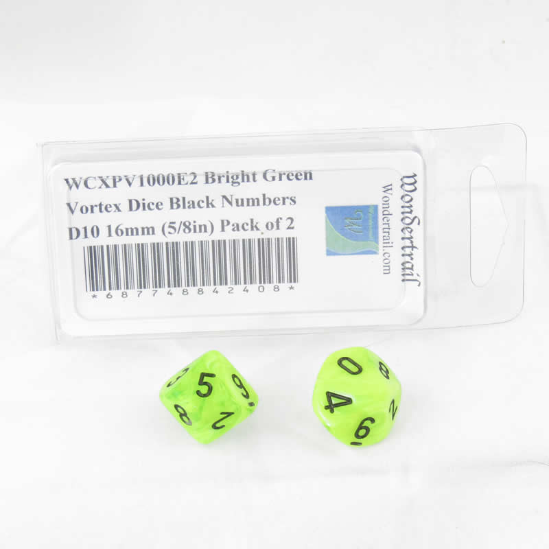 WCXPV1000E2 Bright Green Vortex Dice Black Numbers D10 16mm (5/8in) Pack of 2 (ONLINE ORDER ONLY)