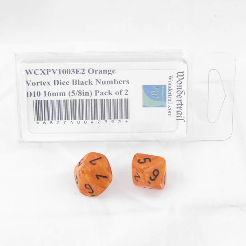WCXPV1003E2 Orange Vortex Dice Black Numbers D10 16mm (5/8in) Pack of 2 (ONLINE ORDER ONLY)