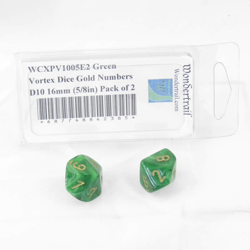 WCXPV1005E2 Green Vortex Dice Gold Numbers D10 16mm (5/8in) Pack of 2 (ONLINE ORDER ONLY)