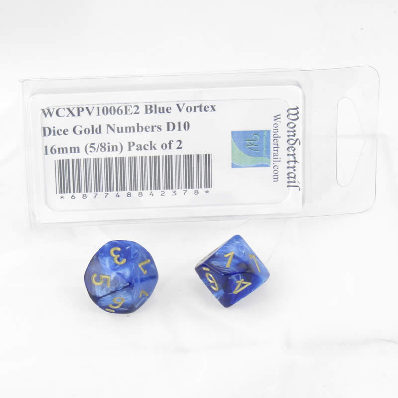 WCXPV1006E2 Blue Vortex Dice Gold Numbers D10 16mm (5/8in) Pack of 2 (ONLINE ORDER ONLY)