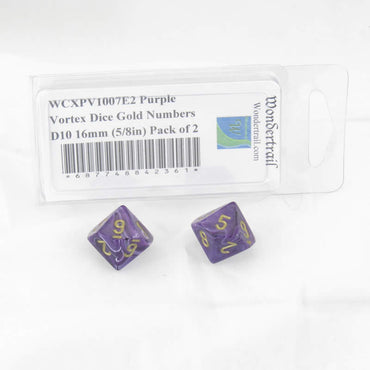 WCXPV1007E2 Purple Vortex Dice Gold Numbers D10 16mm (5/8in) Pack of 2 (ONLINE ORDER ONLY)