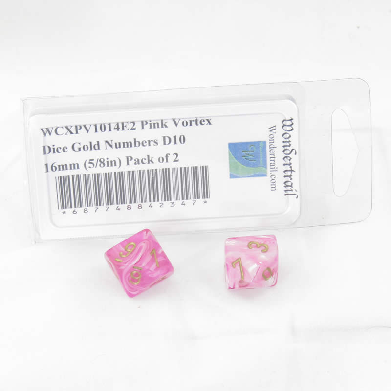 WCXPV1014E2 Pink Vortex Dice Gold Numbers D10 16mm (5/8in) Pack of 2 (ONLINE ORDER ONLY)