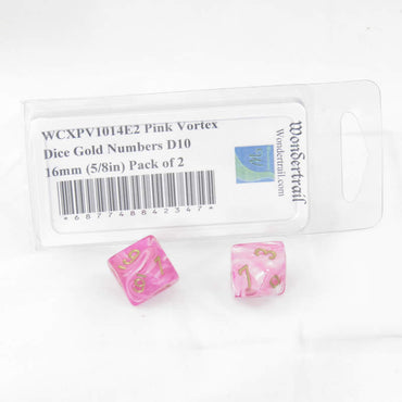 WCXPV1014E2 Pink Vortex Dice Gold Numbers D10 16mm (5/8in) Pack of 2 (ONLINE ORDER ONLY)