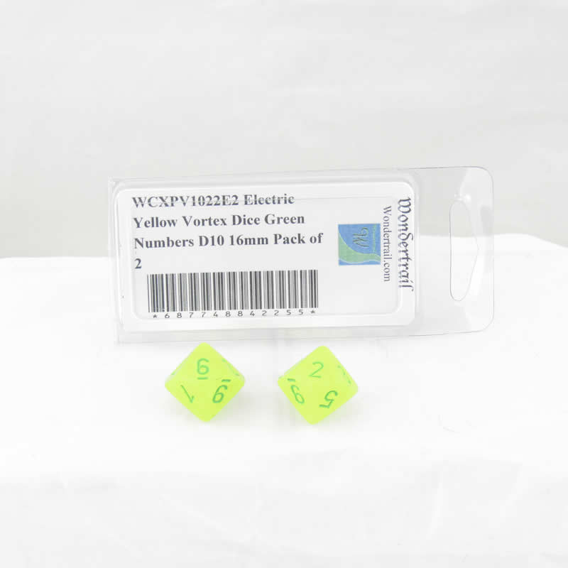WCXPV1022E2 Electric Yellow Vortex Dice Green Numbers D10 16mm Pack of 2 (ONLINE ORDER ONLY)