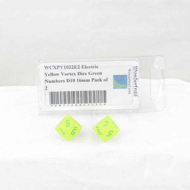 WCXPV1022E2 Electric Yellow Vortex Dice Green Numbers D10 16mm Pack of 2 (ONLINE ORDER ONLY)