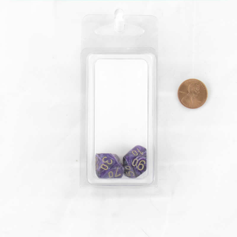 WCXPV1107E2 Purple Vortex Dice Gold Numbers 10s D10 16mm Pack of 2 (ONLINE ORDER ONLY)