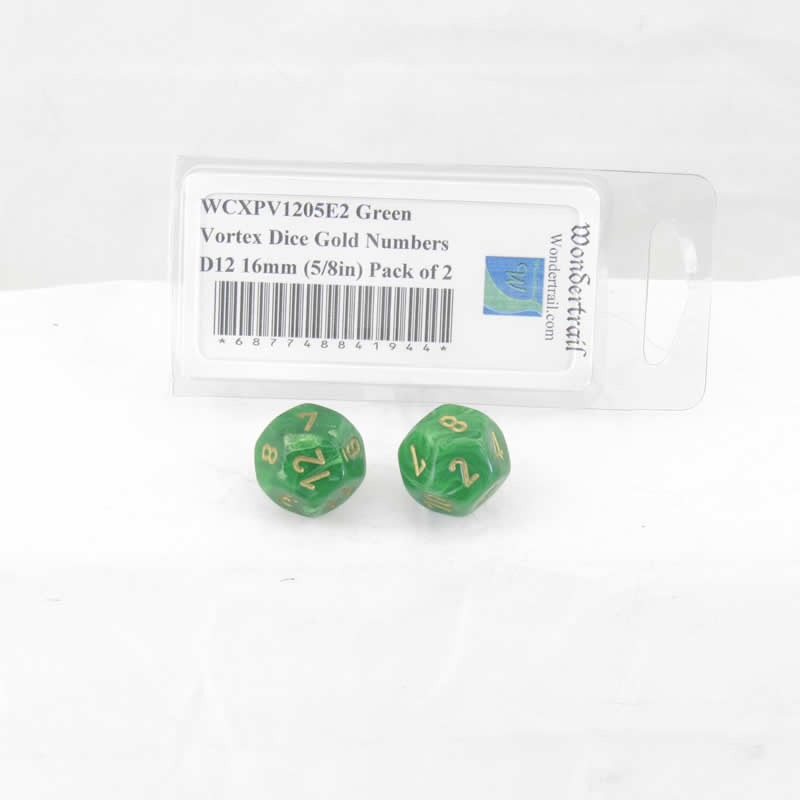 WCXPV1205E2 Green Vortex Dice Gold Numbers D12 16mm (5/8in) Pack of 2 (ONLINE ORDER ONLY)