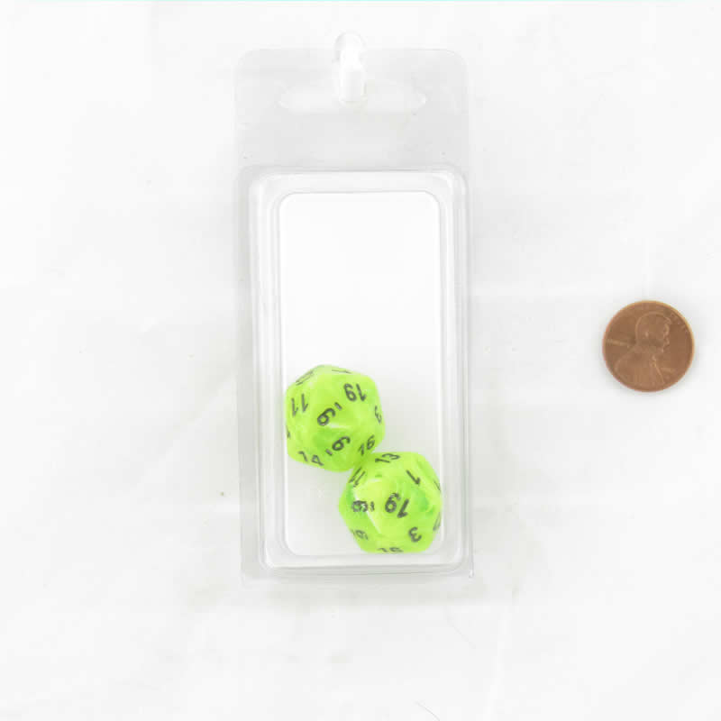 WCXPV2000E2 Bright Green Vortex Dice Black Numbers D20 16mm (5/8in) Pack of 2 (ONLINE ORDER ONLY)