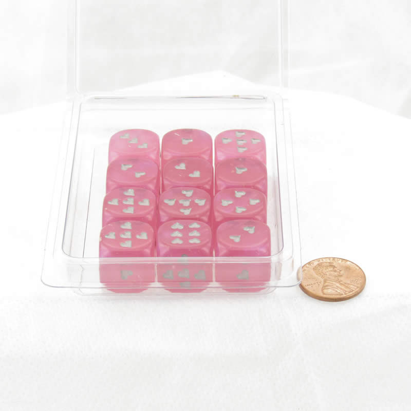 WCXXH6001E12 Pink Borealis Luminary Dice with Silver Hearts D6 16mm (5/8in) Pack of 12 (ONLINE ORDER ONLY)