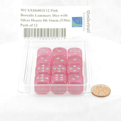WCXXH6001E12 Pink Borealis Luminary Dice with Silver Hearts D6 16mm (5/8in) Pack of 12 (ONLINE ORDER ONLY)