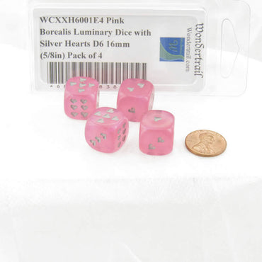 WCXXH6001E4 Pink Borealis Luminary Dice with Silver Hearts D6 16mm (5/8in) Pack of 4 (ONLINE ORDER ONLY)