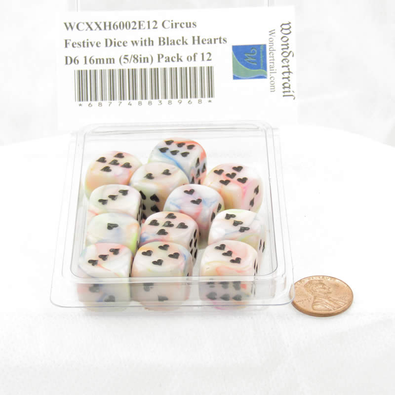 WCXXH6002E12 Circus Festive Dice with Black Hearts D6 16mm (5/8in) Pack of 12 (ONLINE ORDER ONLY)
