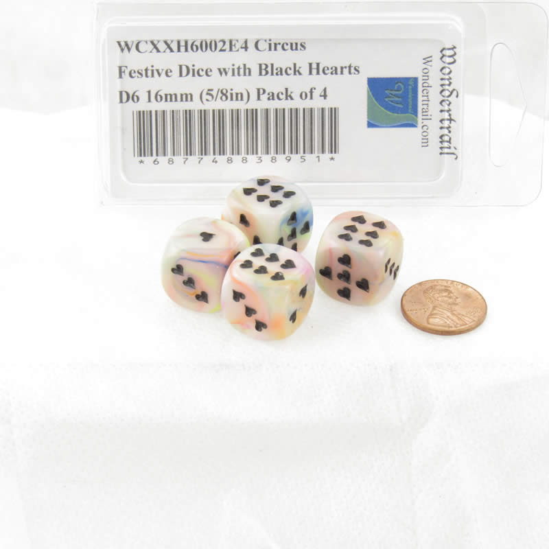WCXXH6002E4 Circus Festive Dice with Black Hearts D6 16mm (5/8in) Pack of 4 (ONLINE ORDER ONLY)