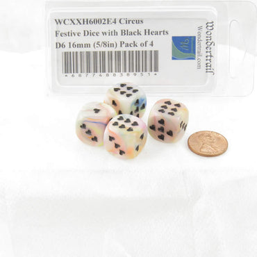 WCXXH6002E4 Circus Festive Dice with Black Hearts D6 16mm (5/8in) Pack of 4 (ONLINE ORDER ONLY)