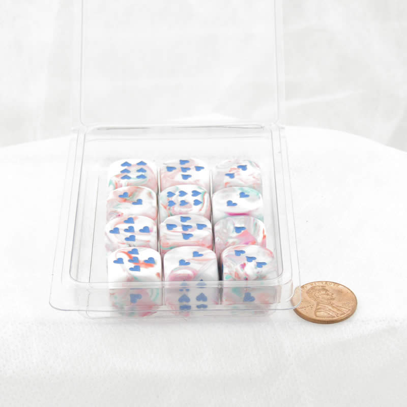 WCXXH6003E12 Pop Art Festive Dice with Blue Hearts D6 16mm (5/8in) Pack of 12 (ONLINE ORDER ONLY)