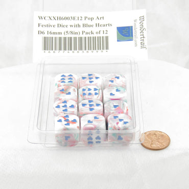 WCXXH6003E12 Pop Art Festive Dice with Blue Hearts D6 16mm (5/8in) Pack of 12 (ONLINE ORDER ONLY)