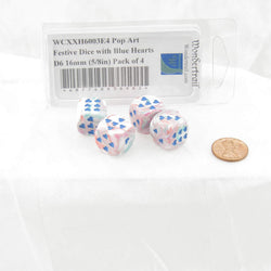 WCXXH6003E4 Pop Art Festive Dice with Blue Hearts D6 16mm (5/8in) Pack of 4 (ONLINE ORDER ONLY)