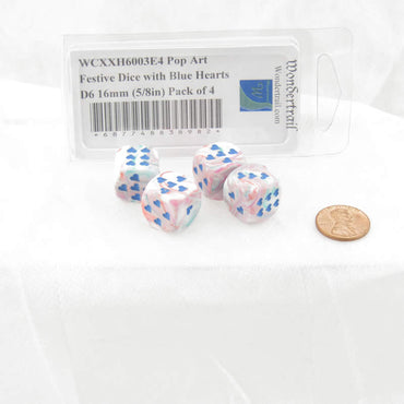 WCXXH6003E4 Pop Art Festive Dice with Blue Hearts D6 16mm (5/8in) Pack of 4 (ONLINE ORDER ONLY)