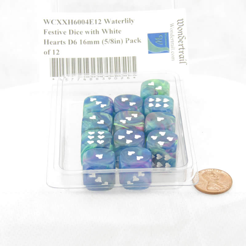 WCXXH6004E12 Waterlily Festive Dice with White Hearts D6 16mm (5/8in) Pack of 12 (ONLINE ORDER ONLY)