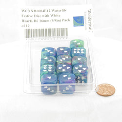 WCXXH6004E12 Waterlily Festive Dice with White Hearts D6 16mm (5/8in) Pack of 12 (ONLINE ORDER ONLY)