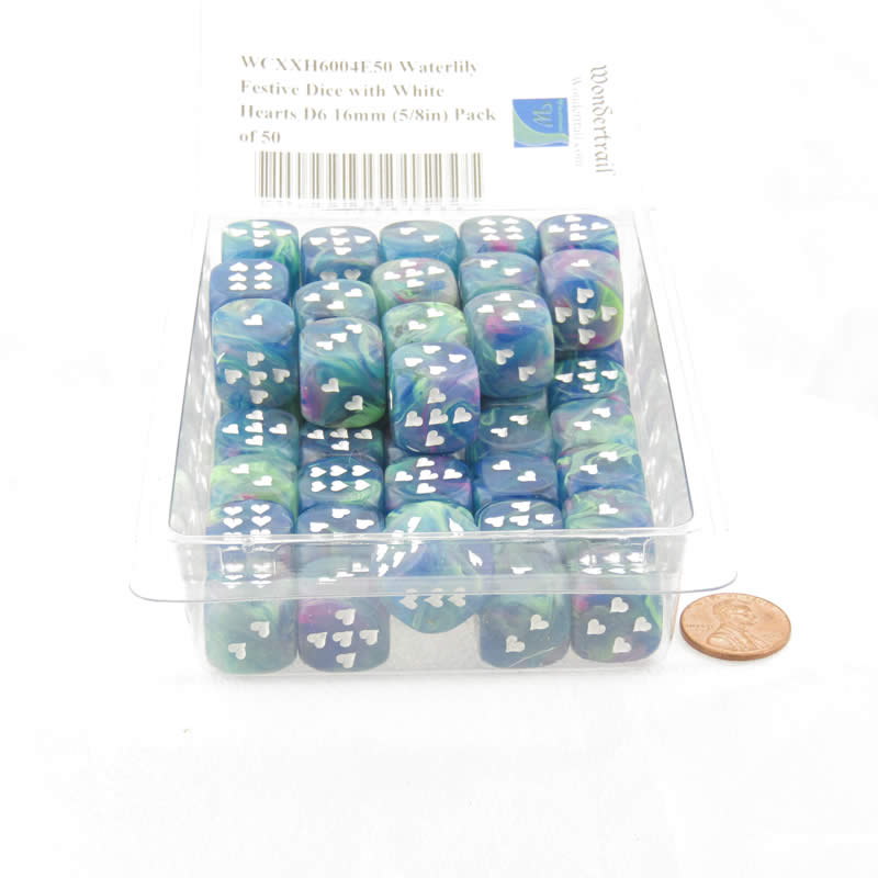 WCXXH6004E50 Waterlily Festive Dice with White Hearts D6 16mm (5/8in) Pack of 50 (ONLINE ORDER ONLY)