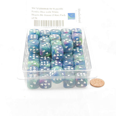 WCXXH6004E50 Waterlily Festive Dice with White Hearts D6 16mm (5/8in) Pack of 50 (ONLINE ORDER ONLY)