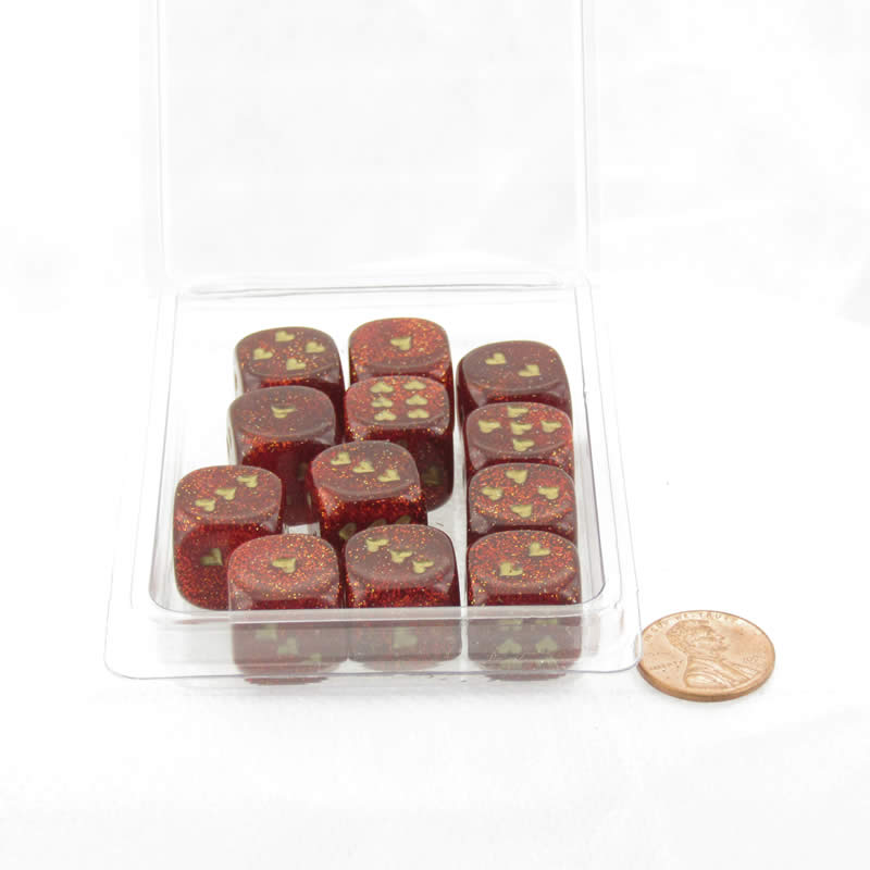 WCXXH6005E12 Ruby Red Glitter Dice with Gold Colored Hearts D6 16mm (5/8in) Pack of 12 (ONLINE ORDER ONLY)