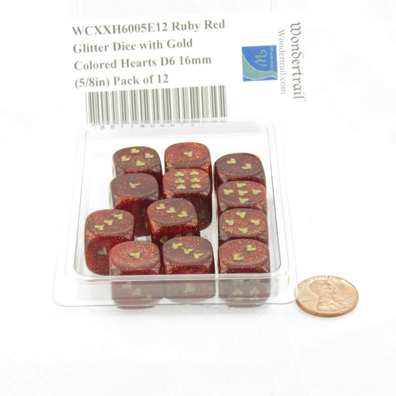 WCXXH6005E12 Ruby Red Glitter Dice with Gold Colored Hearts D6 16mm (5/8in) Pack of 12 (ONLINE ORDER ONLY)