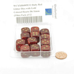 WCXXH6005E12 Ruby Red Glitter Dice with Gold Colored Hearts D6 16mm (5/8in) Pack of 12 (ONLINE ORDER ONLY)